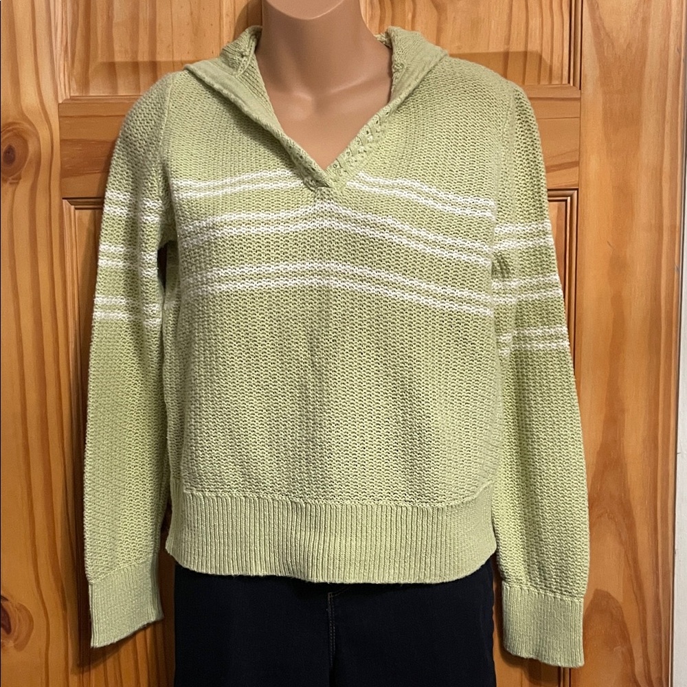 Christopher & Banks Light Green V-Neck Sweater with White Stripes
